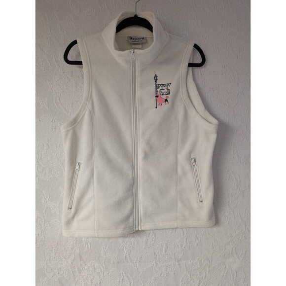 Potpourri White Fleece Zippered Vest Women Large Cute Embroidered Pink Poodle - Picture 1 of 10